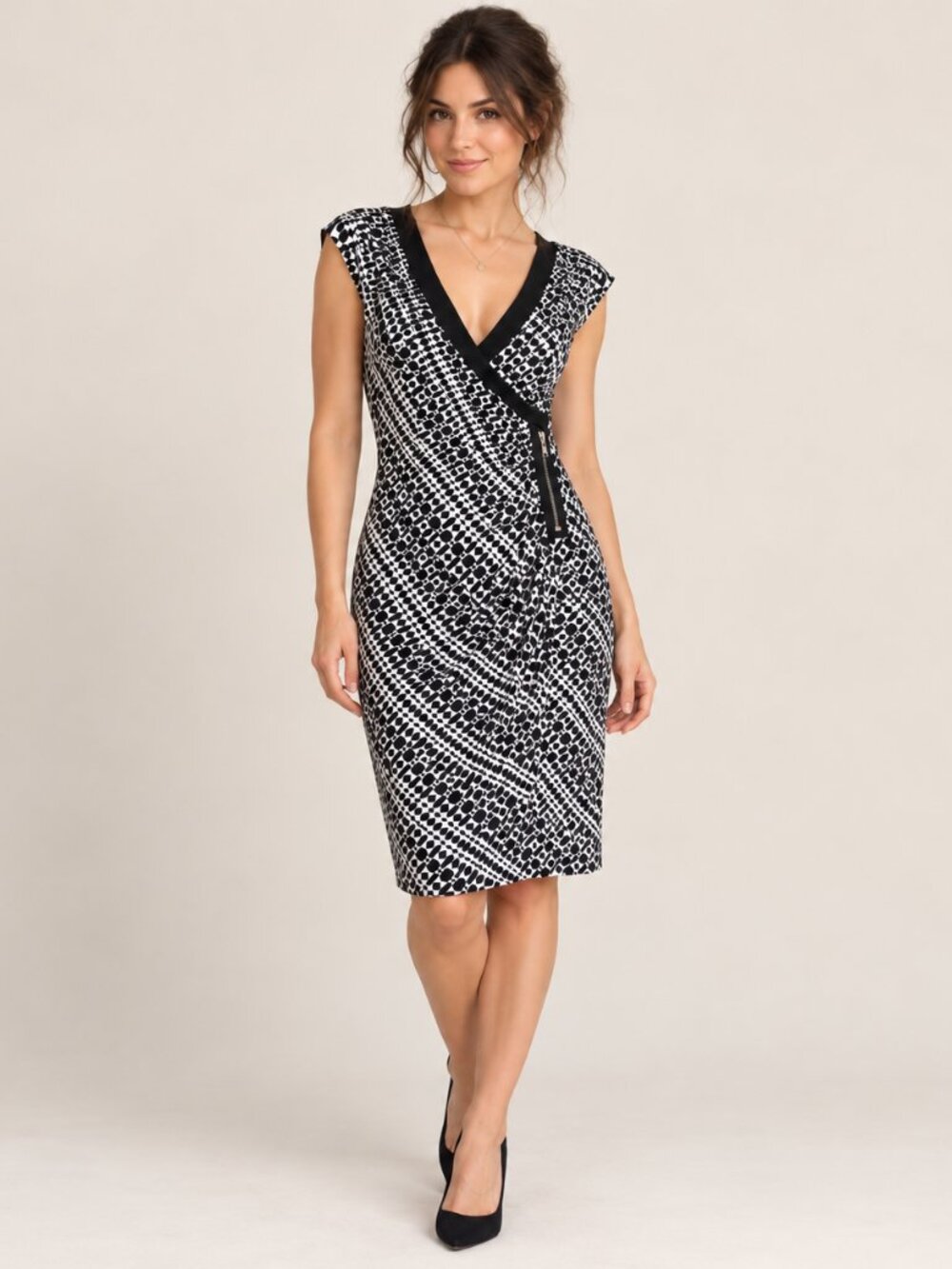 Le Château Black White Geometric Wrap Dress Size S Made in Canada